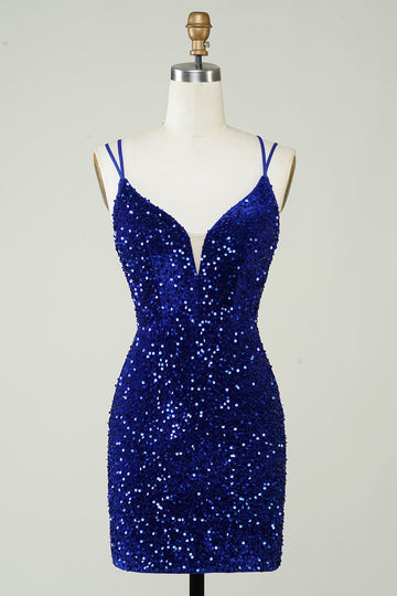 Pochwa Royal Blue Sequins Krótka sukienka Homecoming z Criss Cross Back